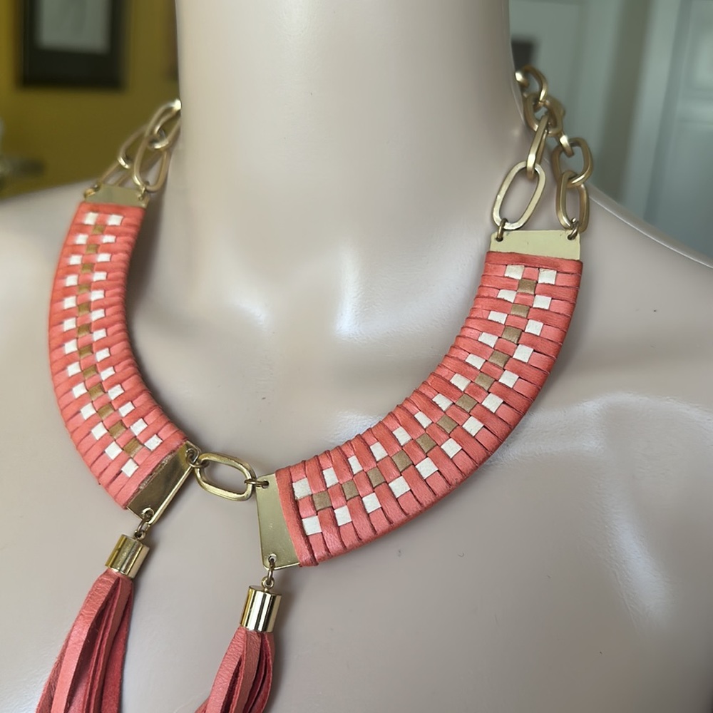 Anthropologie Wing Paris orange leather tassels & brass necklace. Made in France - Picture 3 of 12